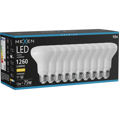 Mexen Nova 10x LED žiarovka E27, R80, 12W, Teplá - 3000K, 1260 lm - L105-E27-1230-01x10