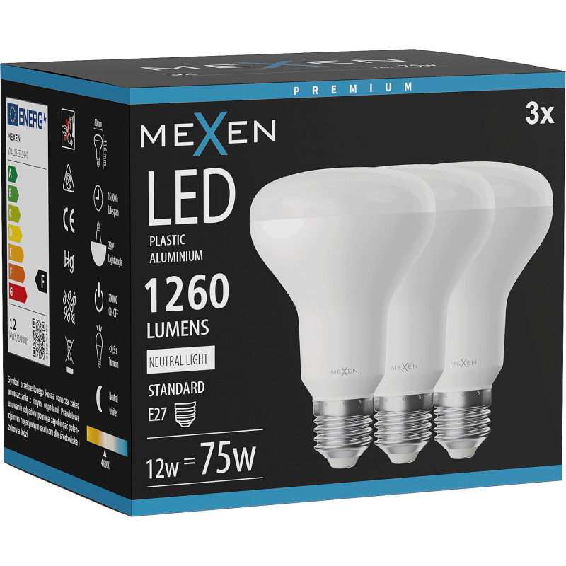 Mexen Nova 3x LED žiarovka E27, R80, 12W, Neutrálna - 4000K, 1260 lm - L105-E27-1240-01x03
