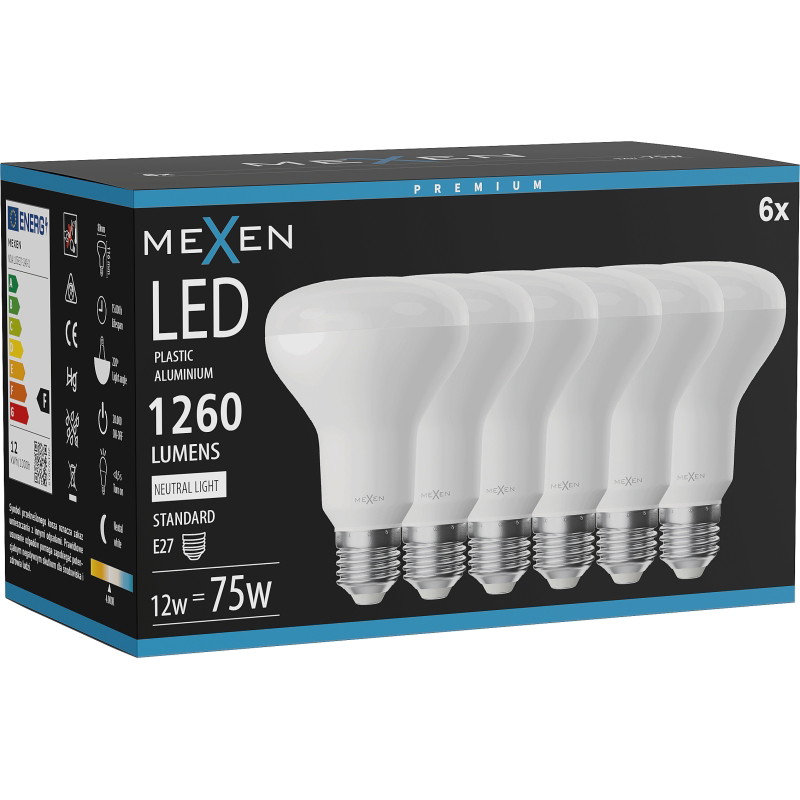 Mexen Nova 6x Žiarovka LED E27, R80, 12W, Neutrálna - 4000K, 1260 lm - L105-E27-1240-01x06