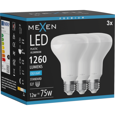 Mexen Nova 3x Žiarovka LED E27, R80, 12W, Studená - 6500K, 1260 lm - L105-E27-1265-01x03
