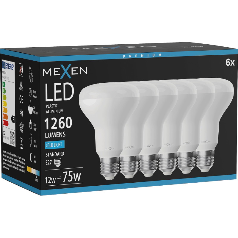 Mexen Nova 6x LED žiarovka E27, R80, 12W, Studená - 6500K, 1260 lm - L105-E27-1265-01x06