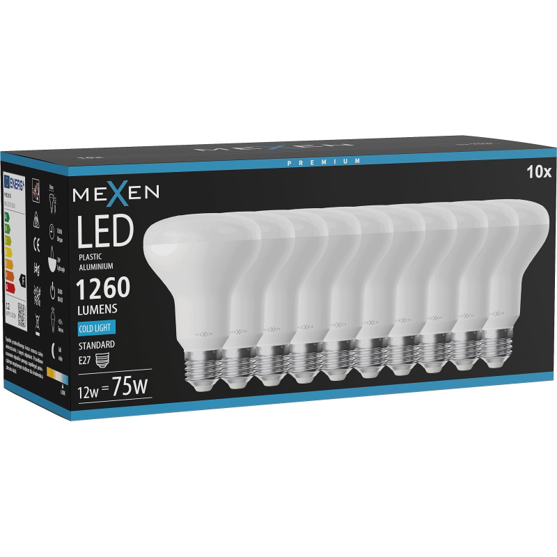 Mexen Nova 10x LED žiarovka E27, R80, 12W, Studená - 6500K, 1260 lm - L105-E27-1265-01x10