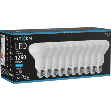 Mexen Nova 10x LED žiarovka E27, R80, 12W, Studená - 6500K, 1260 lm - L105-E27-1265-01x10