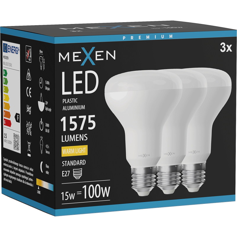 Mexen Nova 3x LED žiarovka E27, R80, 15W, Teplá - 3000K, 1575 lm - L105-E27-1530-01x03