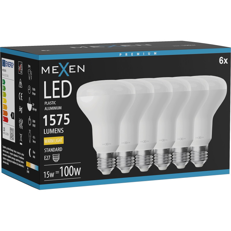 Mexen Nova 6x LED žiarovka E27, R80, 15W, Teplá - 3000K, 1575 lm - L105-E27-1530-01x06