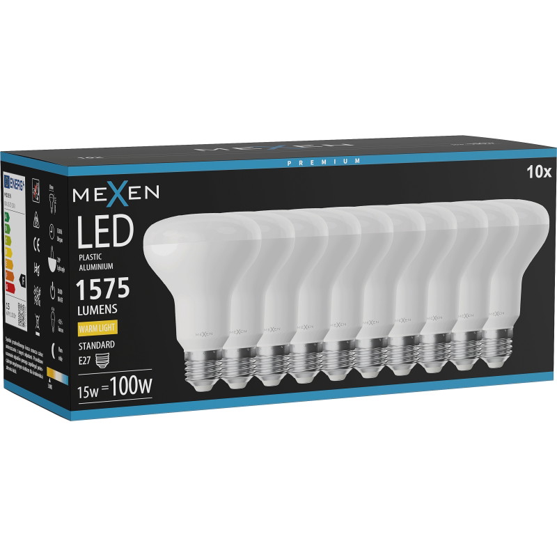 Mexen Nova 10x LED žiarovka E27, R80, 15W, Teplá - 3000K, 1575 lm - L105-E27-1530-01x10