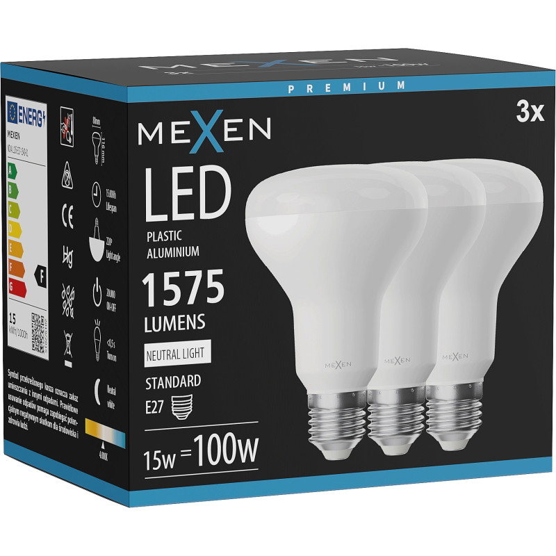 Mexen Nova 3x LED žiarovka E27, R80, 15W, Neutrálna - 4000K, 1575 lm - L105-E27-1540-01x03