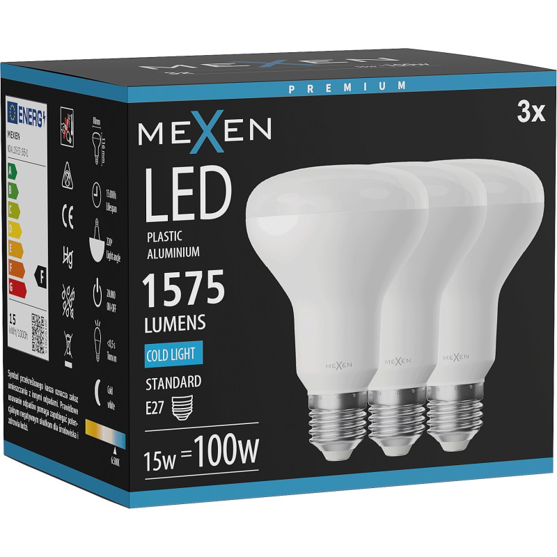 Mexen Nova 3x LED žiarovka E27, R80, 15W, Studená - 6500K, 1575 lm - L105-E27-1565-01x03