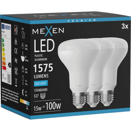 Mexen Nova 3x LED žiarovka E27, R80, 15W, Studená - 6500K, 1575 lm - L105-E27-1565-01x03