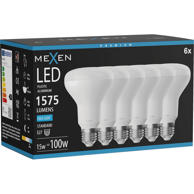Mexen Nova 6x LED žiarovka E27, R80, 15W, Studená - 6500K, 1575 lm - L105-E27-1565-01x06