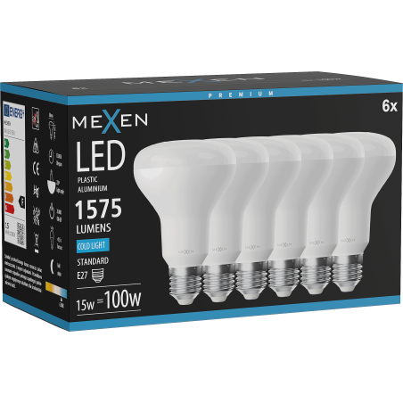 Mexen Nova 6x LED žiarovka E27, R80, 15W, Studená - 6500K, 1575 lm - L105-E27-1565-01x06