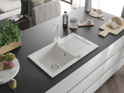 Mexen Pablo granitový drez 1-komorový s odkvapkávačom a kuchynskou batériou Rita, biely - 6510-20-670300-20