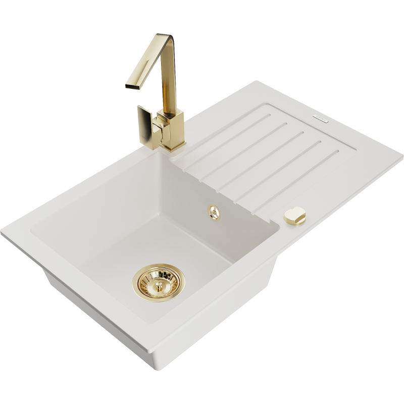 Mexen Pablo žulový drez s 1 komorou a odkvapkávačom a kuchynskou batériou Rita, biely - 6510-20-670300-50