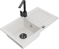 Mexen Pablo granitový drez 1-komorový s odkvapkávačom a kuchynskou batériou Rita, biely - 6510-20-670300-70