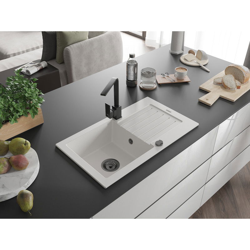 Mexen Pablo granitový drez 1-komorový s odkvapkávačom a kuchynskou batériou Rita, biely - 6510-20-670300-70