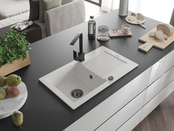 Mexen Pablo granitový drez 1-komorový s odkvapkávačom a kuchynskou batériou Rita, biely - 6510-20-670300-70
