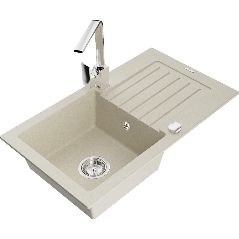 Mexen Pablo žulový drez s 1 komorou s odkvapkávačom a kuchynskou batériou Rita, béžový - 6510-69-670300-00