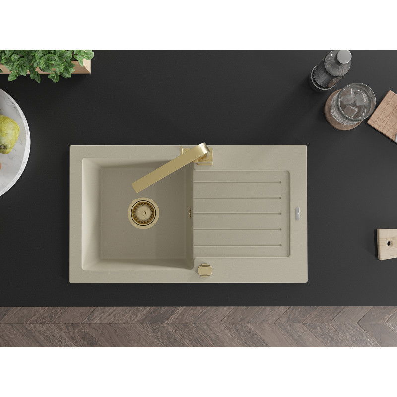 Mexen Pablo granitový drez s 1 komorou s odkvapkávačom a kuchynskou batériou Rita, béžový - 6510-69-670300-50