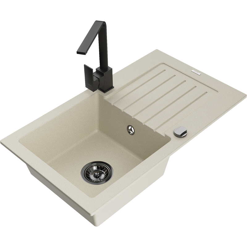 Mexen Pablo granitový drez 1-komorový s odkvapkávacou plochou a kuchynskou batériou Rita, béžový - 6510-69-670300-70