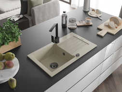 Mexen Pablo granitový drez 1-komorový s odkvapkávacou plochou a kuchynskou batériou Rita, béžový - 6510-69-670300-70