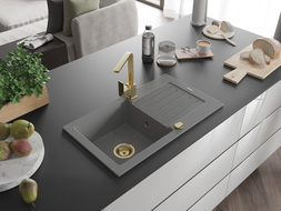 Mexen Pablo jednokomorový kuchynský drez z granitu s odkvapkávačom a kuchynskou batériou Rita, sivý - 6510-71-670300-50