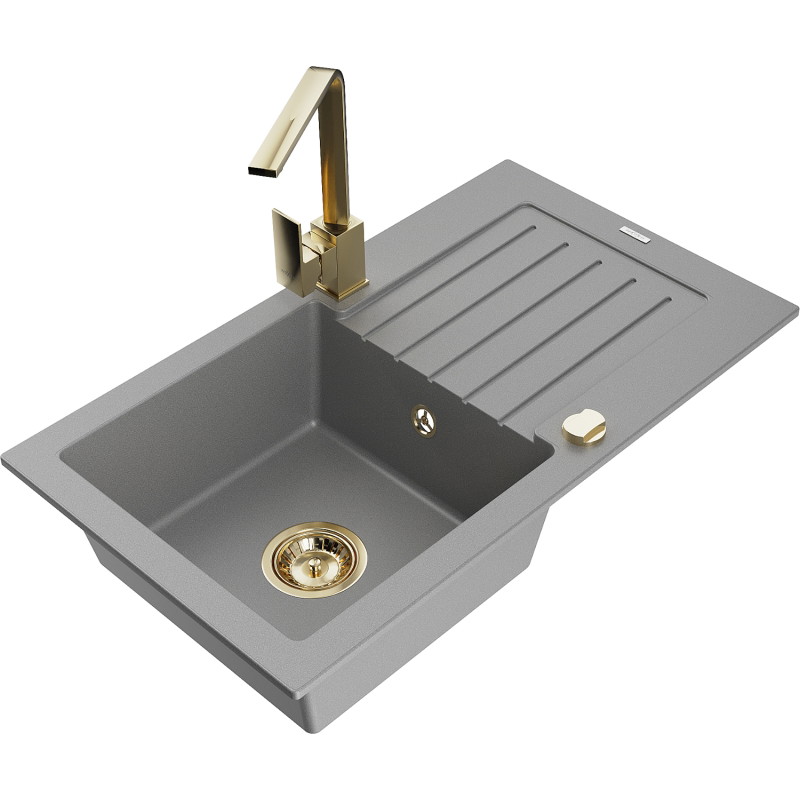 Mexen Pablo granitový drez s odkvapkávačom a kuchynskou batériou Rita, sivý - 6510-71-670300-50