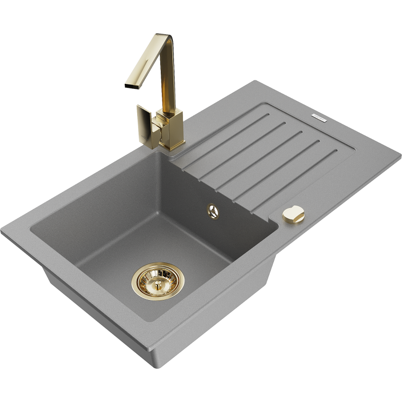 Mexen Pablo jednokomorový kuchynský drez z granitu s odkvapkávačom a kuchynskou batériou Rita, sivý - 6510-71-670300-50