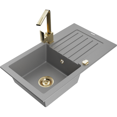 Mexen Pablo jednokomorový kuchynský drez z granitu s odkvapkávačom a kuchynskou batériou Rita, sivý - 6510-71-670300-50