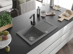 Mexen Pablo granitový drez s 1 komorou s odkvapkávačom a kuchynskou batériou Rita, sivý - 6510-71-670300-70