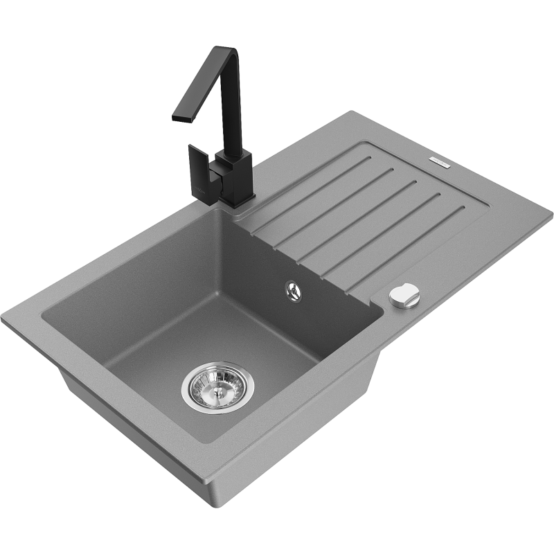 Mexen Pablo granitový drez s 1 komorou s odkvapkávačom a kuchynskou batériou Rita, sivý - 6510-71-670300-70