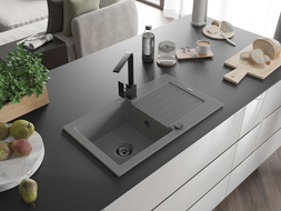 Mexen Pablo granitový drez 1-komorový s odkvapkávačom a kuchynskou batériou Rita, šedý - 6510-71-670300-70-B
