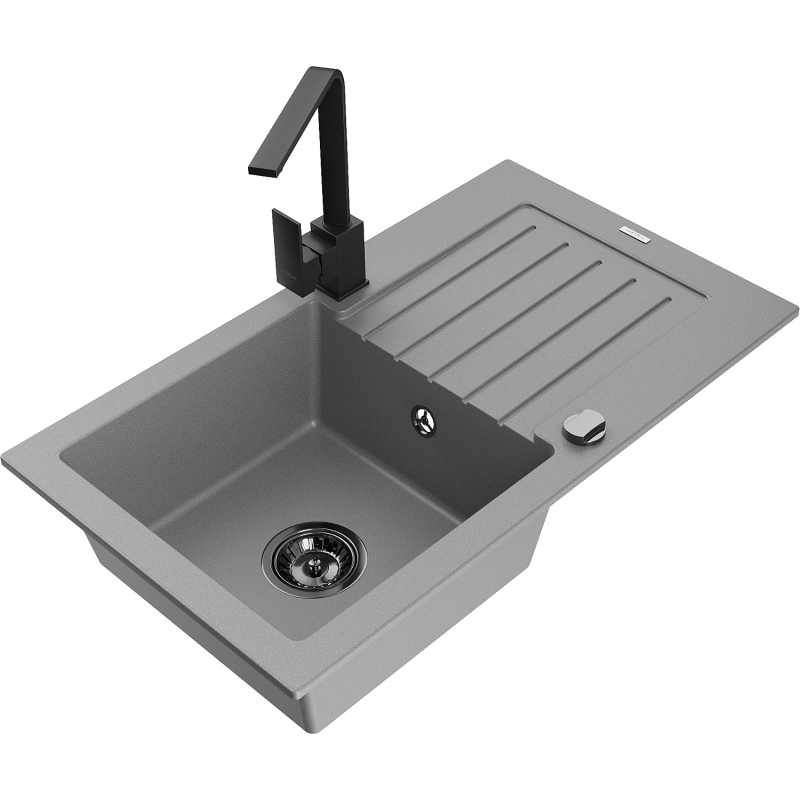 Mexen Pablo granitový drez 1-komorový s odkvapkávačom a kuchynskou batériou Rita, šedý - 6510-71-670300-70-B