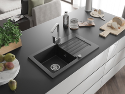 Mexen Pablo granitový drez s 1 komorou s odkvapkávačom a kuchynskou batériou Rita, čierny/strieborný metalik