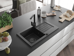 Mexen Pablo granitový drez s 1 komorou s odkvapkávačom a kuchynskou batériou Rita, čierna/strieborná metalíza
