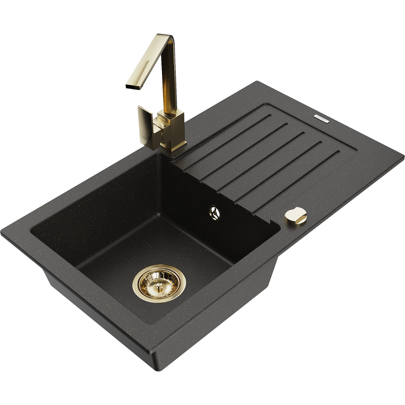 Mexen Pablo žulový jednodrez s odkvapkávačom a kuchynskou batériou Rita, čierny/zlatý metalický- 6510-75-670300-50