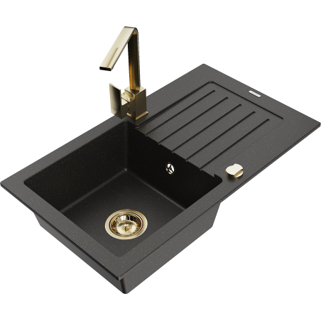 Mexen Pablo žulový jednodrez s odkvapkávačom a kuchynskou batériou Rita, čierny/zlatý metalický- 6510-75-670300-50