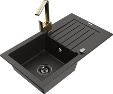 Mexen Pablo granitový jednodrez s odkvapkávačom a kuchynskou batériou Rita, čierny/zlatý metalický - 6510-75-670300-50-B