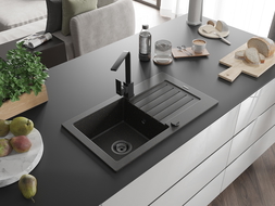 Mexen Pablo žulový drez s 1- komorovou odkvapkávacou a kuchynskou batériou Rita, čierny/zlatý metalický - 6510-75-670300-70-B