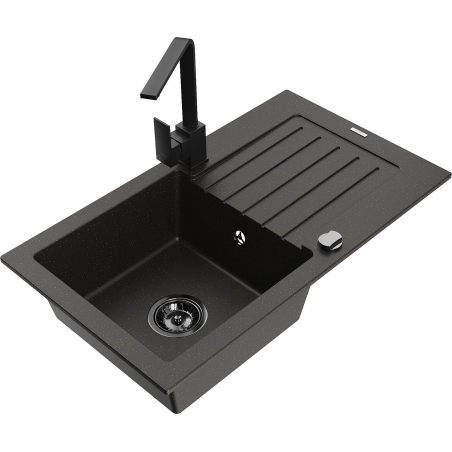 Mexen Pablo žulový drez s 1- komorovou odkvapkávacou a kuchynskou batériou Rita, čierny/zlatý metalický - 6510-75-670300-70-B