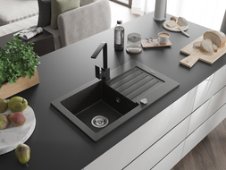 Mexen Pablo Granitový jednokomorový drez s odkvapkávačom a kuchynskou batériou Rita, čierny/zlatý metalický