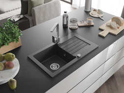 Mexen Pablo granitový drez s jednou komorou s odkvapkávačom a kuchynskou batériou Rita, čierno škvrnitý