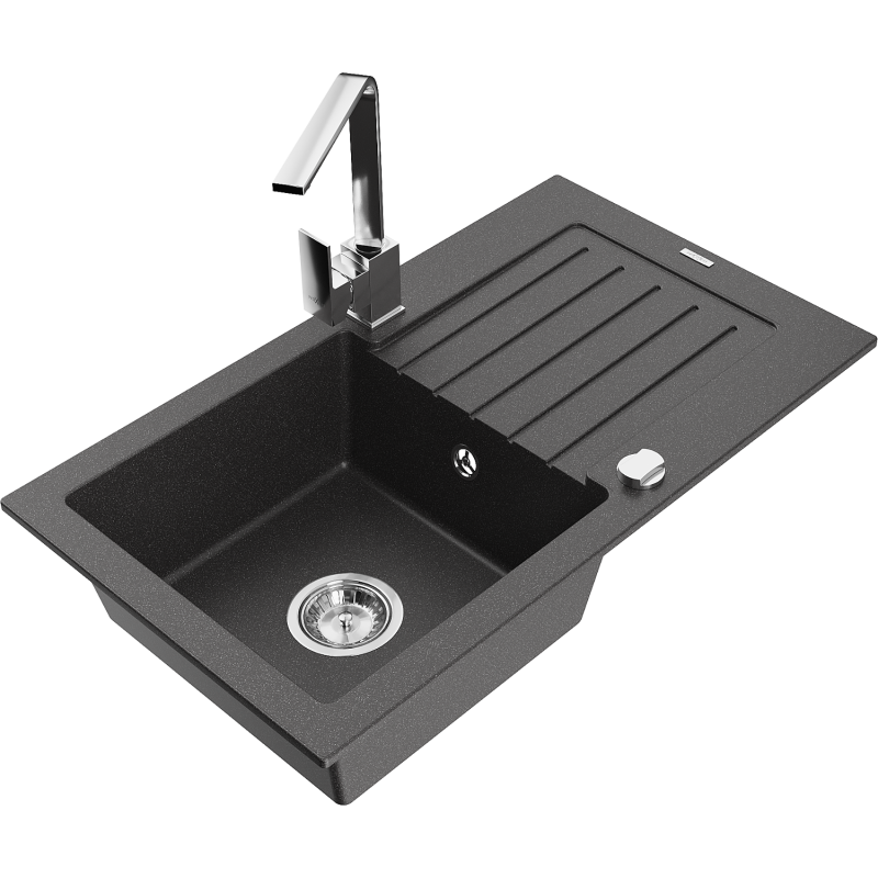Mexen Pablo granitový drez s jednou komorou s odkvapkávačom a kuchynskou batériou Rita, čierno škvrnitý