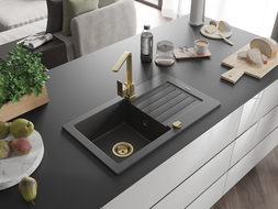 Mexen Pablo granitový drez s 1 komorou a odkvapkávačom a kuchynskou batériou Rita, čierny s bodkami- 6510-76-670300-50