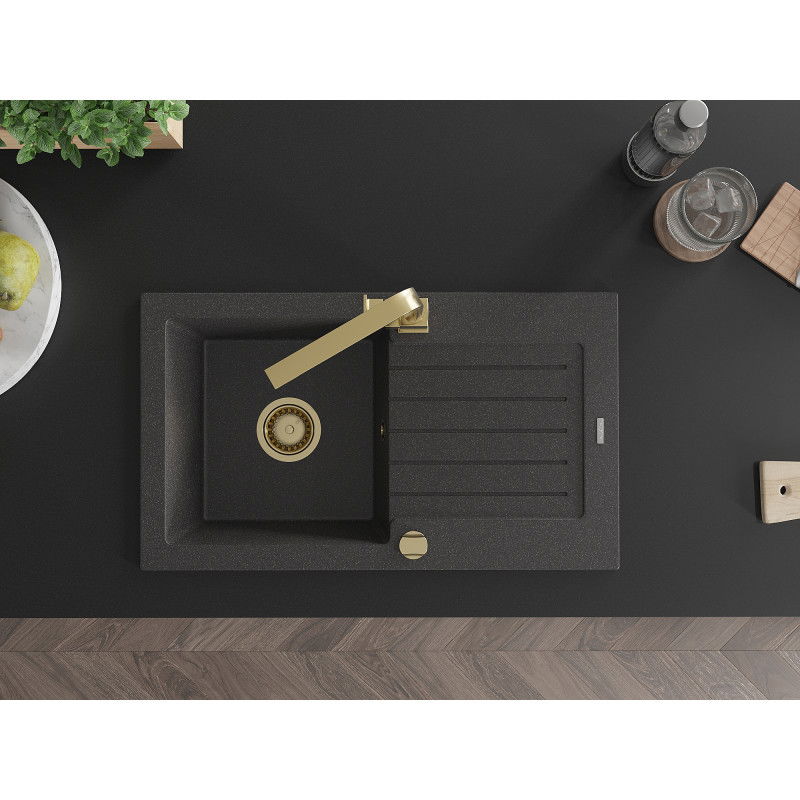 Mexen Pablo granitový drez s 1 komorou a odkvapkávačom a kuchynskou batériou Rita, čierny s bodkami- 6510-76-670300-50