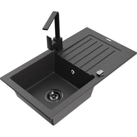 Mexen Pablo žulový drez s 1 komorou a odkvapkávačom, s kuchynskou batériou Rita, čierny s bodkami- 6510-76-670300-70-B