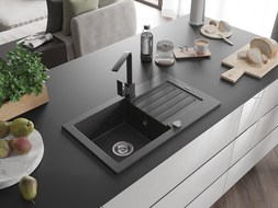 Mexen Pablo žulový kuchynský drez 1-komorový s odkvapkávačom a kuchynskou batériou Rita, čierny škvrnitý- 6510-76-670300-76