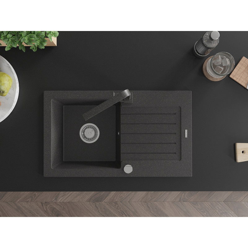 Mexen Pablo žulový kuchynský drez 1-komorový s odkvapkávačom a kuchynskou batériou Rita, čierny škvrnitý- 6510-76-670300-76