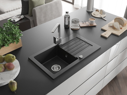 Mexen Pablo žulový drez s 1 komorou s odkvapkávacou plochou a kuchynskou batériou Rita, čierny - 6510-77-670300-00