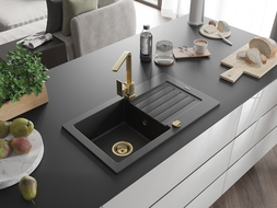 Mexen Pablo granitový kuchynský drez 1-komorový s odkvapkávačom a kuchynskou batériou Rita, čierny - 6510-77-670300-50