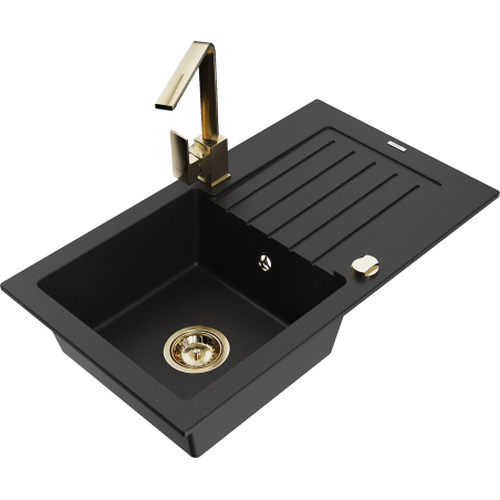 Mexen Pablo granitový kuchynský drez 1-komorový s odkvapkávačom a kuchynskou batériou Rita, čierny - 6510-77-670300-50